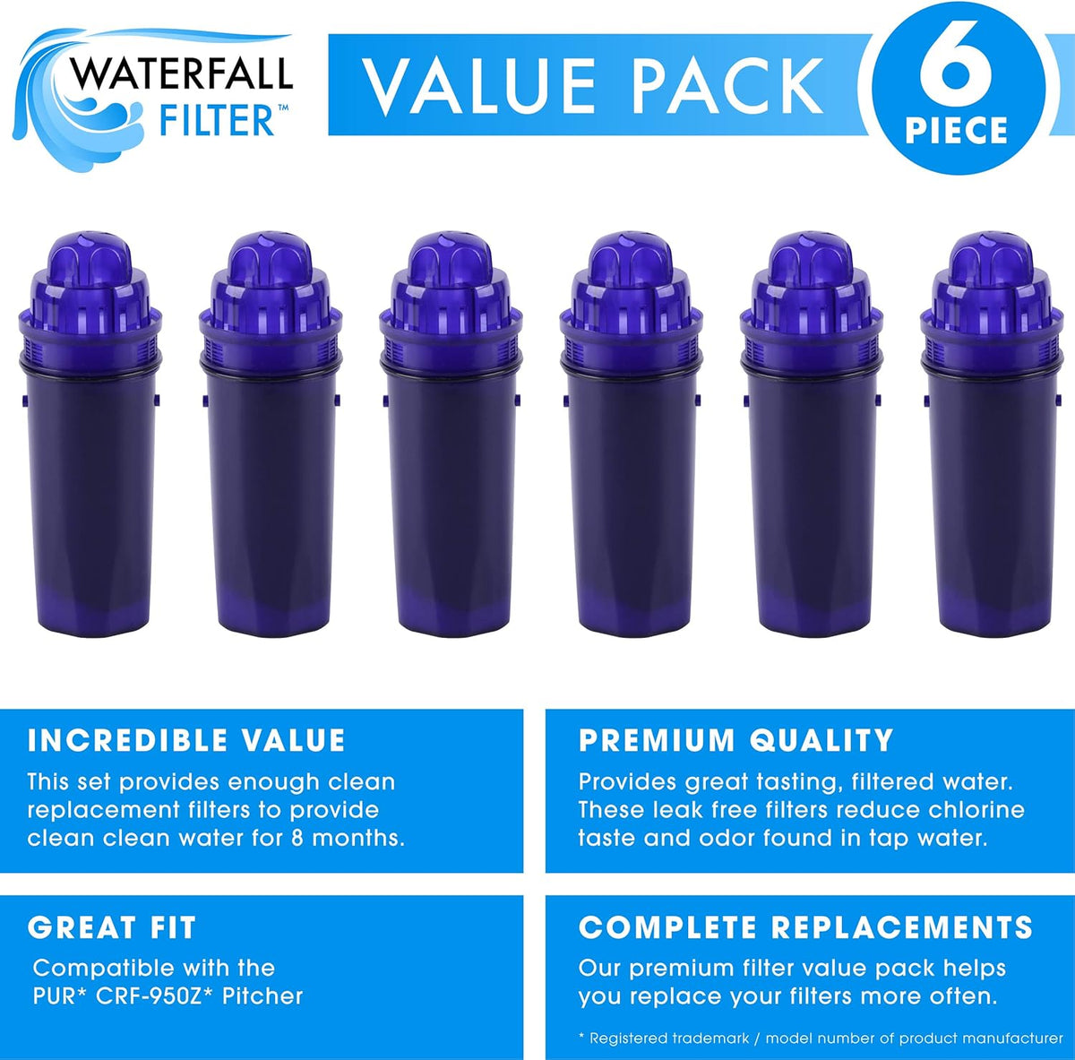 Water Filter Replacement Pitcher Filters (Pack of 6) H6666